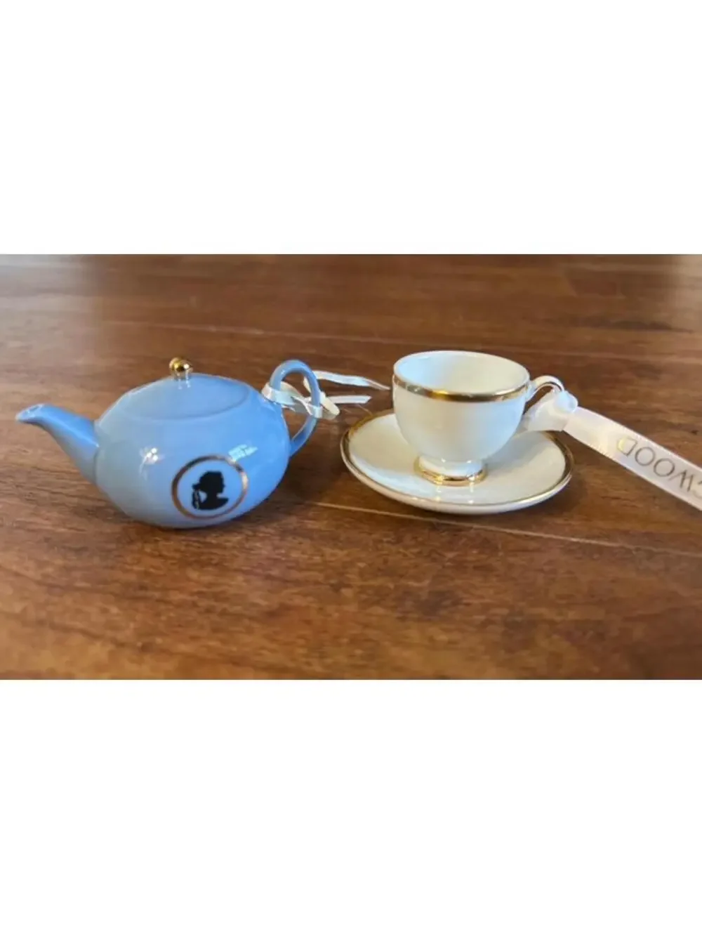 Wedgewood Miniature Porcelain Teapot and Teacup Ornament Set with Gold Trim